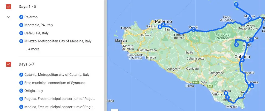 Sicily itinerary map